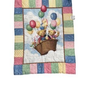 Vintage Blue Jean Teddy Bear with Balloons in Basket Baby Quilt/Comforter